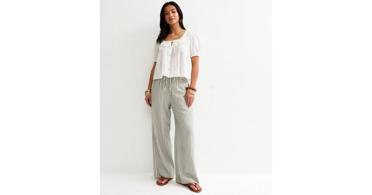 Petite Cream Seersucker Striped Wide Leg Trousers | New Look | New Look (UK)