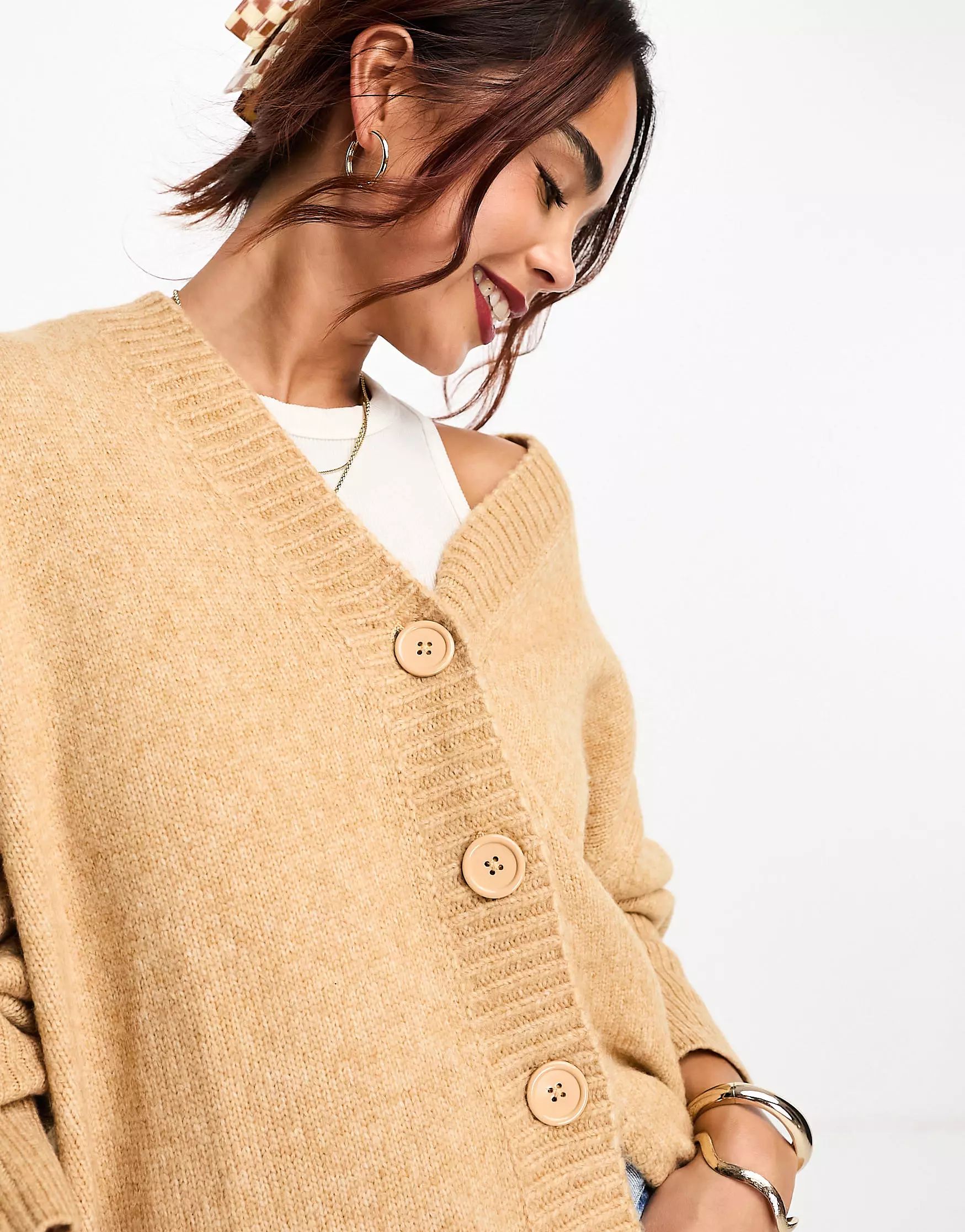 ASOS DESIGN boyfriend cardigan with button front in camel | ASOS (Global)