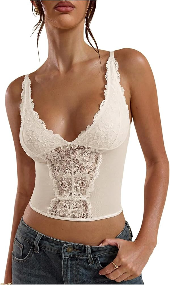 SHENHE Women's Mesh Lace Bustier Corset Top Deep V Neck Spaghetti Strap Fitted Crop Cami Tank | Amazon (US)
