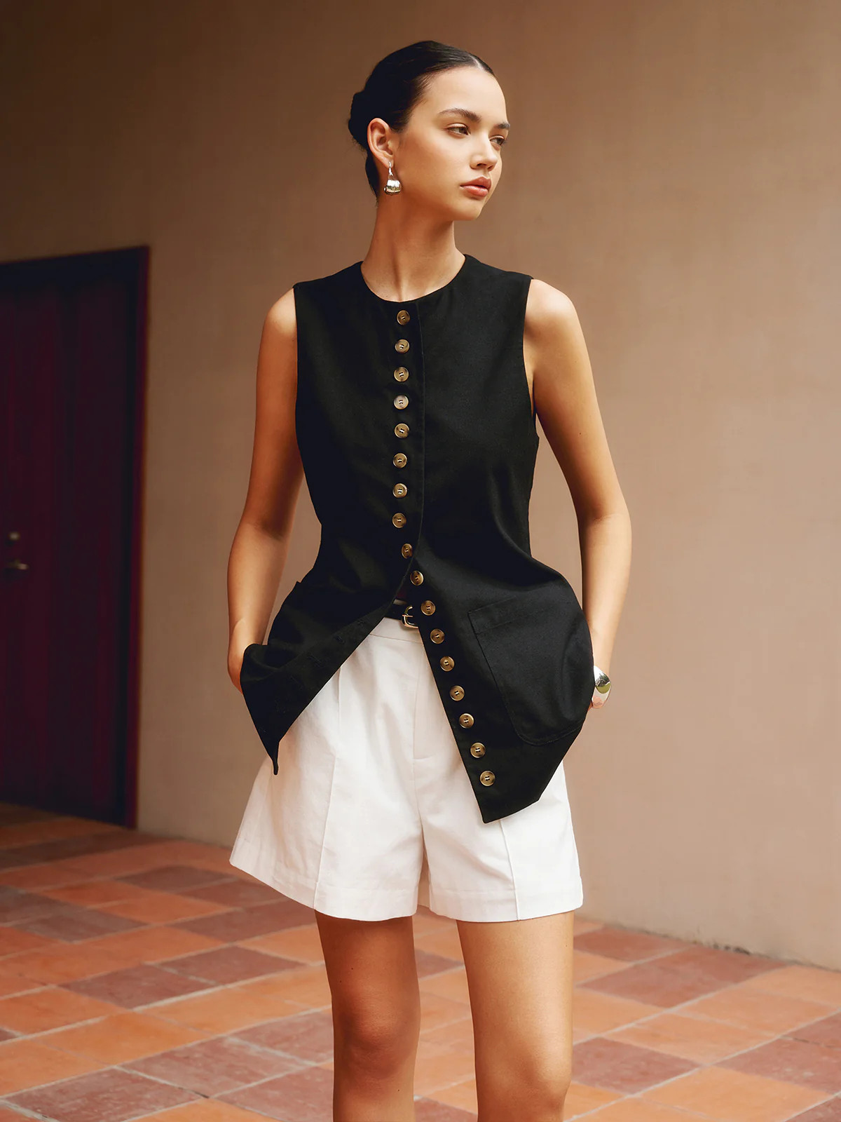 Cotton & Linen Button-Front Vest | Commense