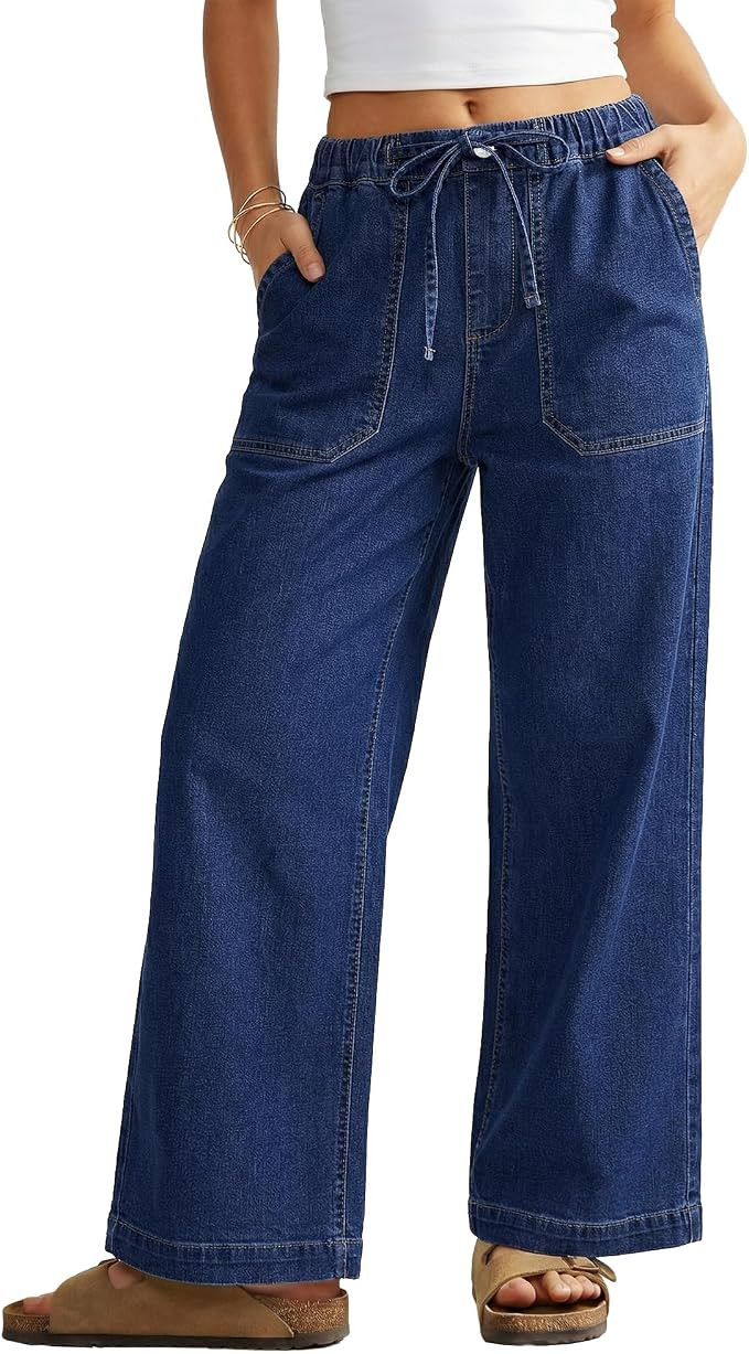 GRAPENT Wide Leg Jeans for Women Trendy High Waisted Drawstring Tie Elastic Waist Stretchy Denim ... | Amazon (US)