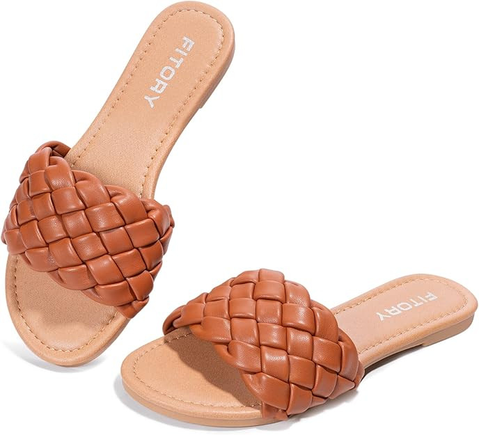 FITORY Womens Flat Sandals Fashion Round Open Toe Slip On Slides with Braided Strap Slippers for ... | Amazon (US)