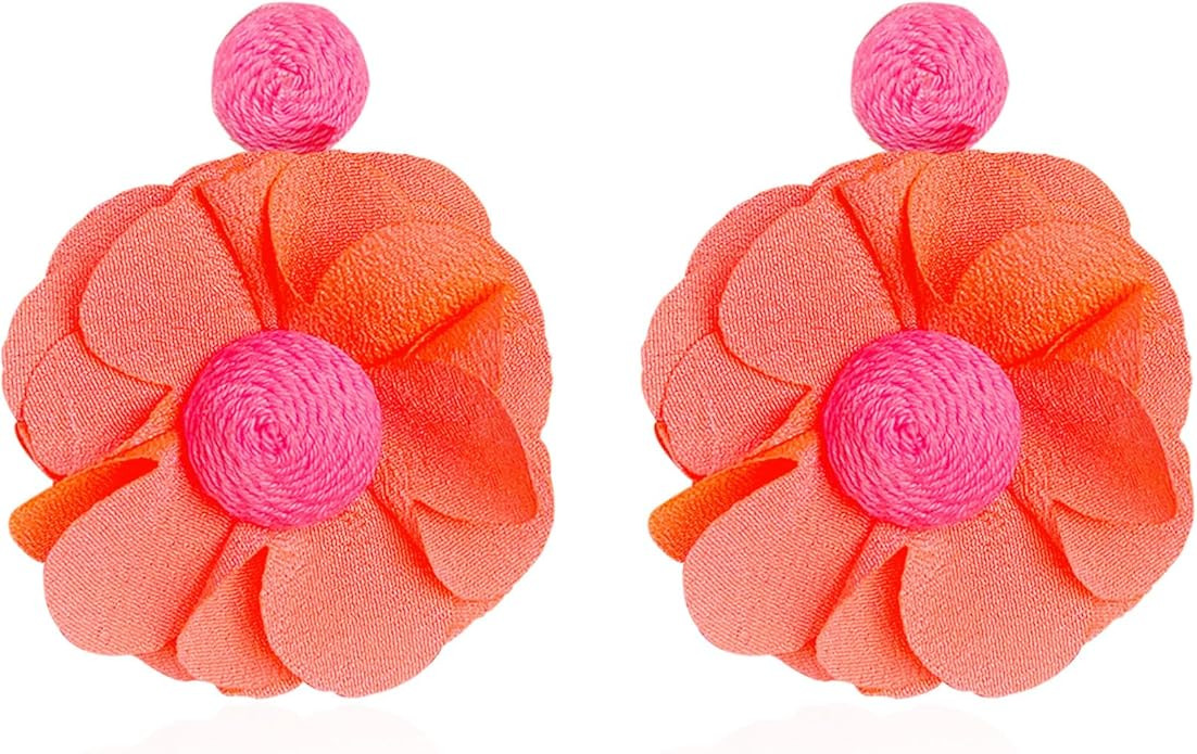 Rattan Earrings Summer Boho Handwoven Big Fabric Chiffon Rattan Flower Drop Earrings Statement Tr... | Amazon (US)