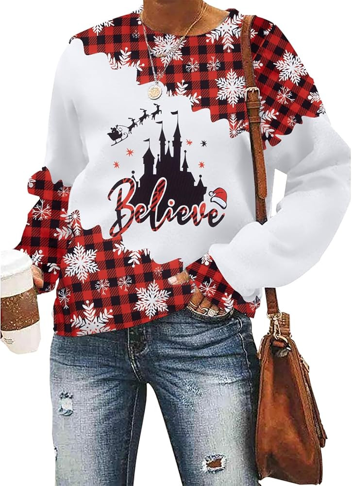 MOUSYA Believe Christmas Shirts for Women Believe Santa Hat Graphic Sweatshirt Christmas Bleached... | Amazon (US)