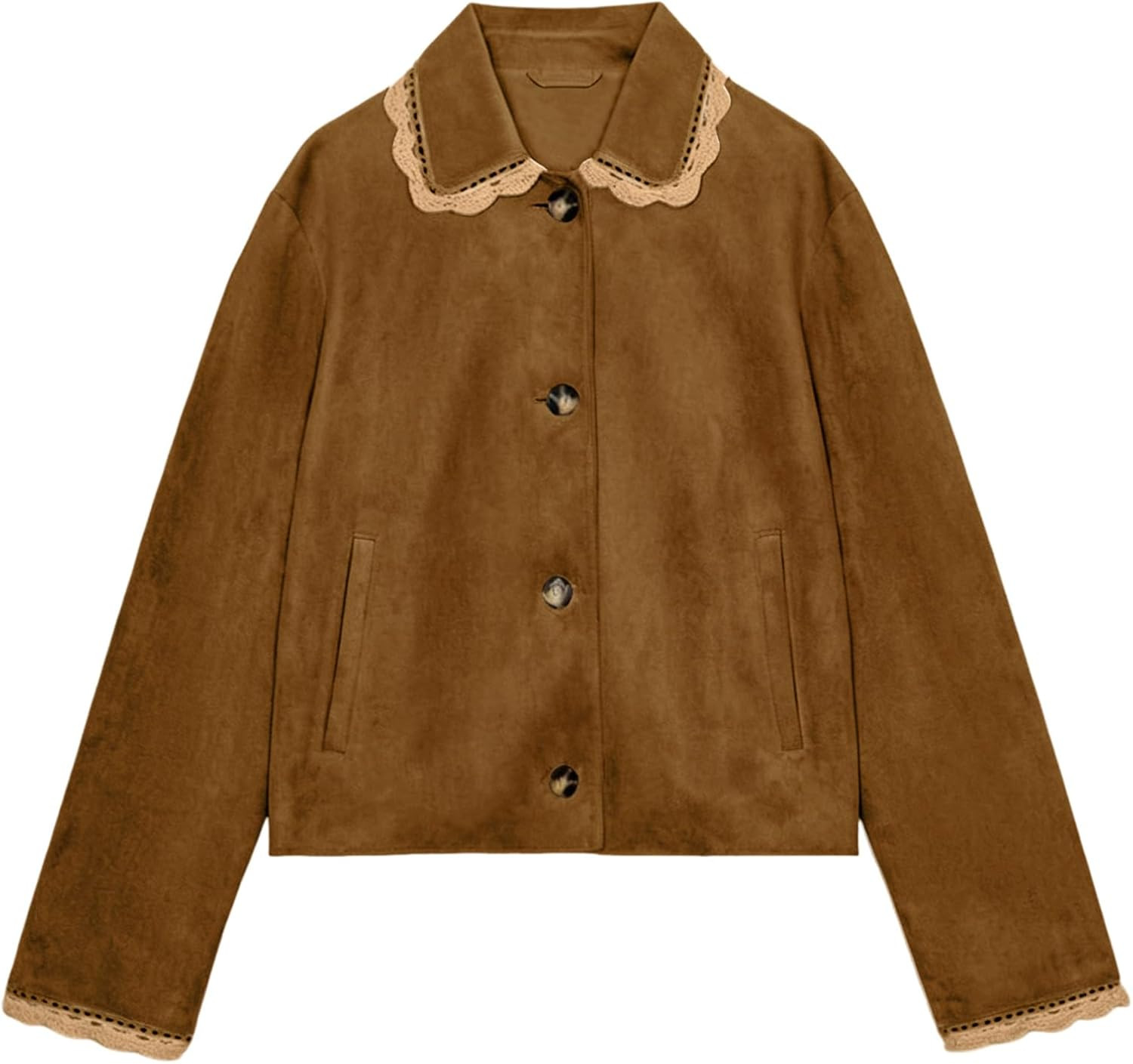 Qiaomai Womens Faux Suede Cropped Jacket Lace Trim Button Down Casual Coat | Amazon (US)