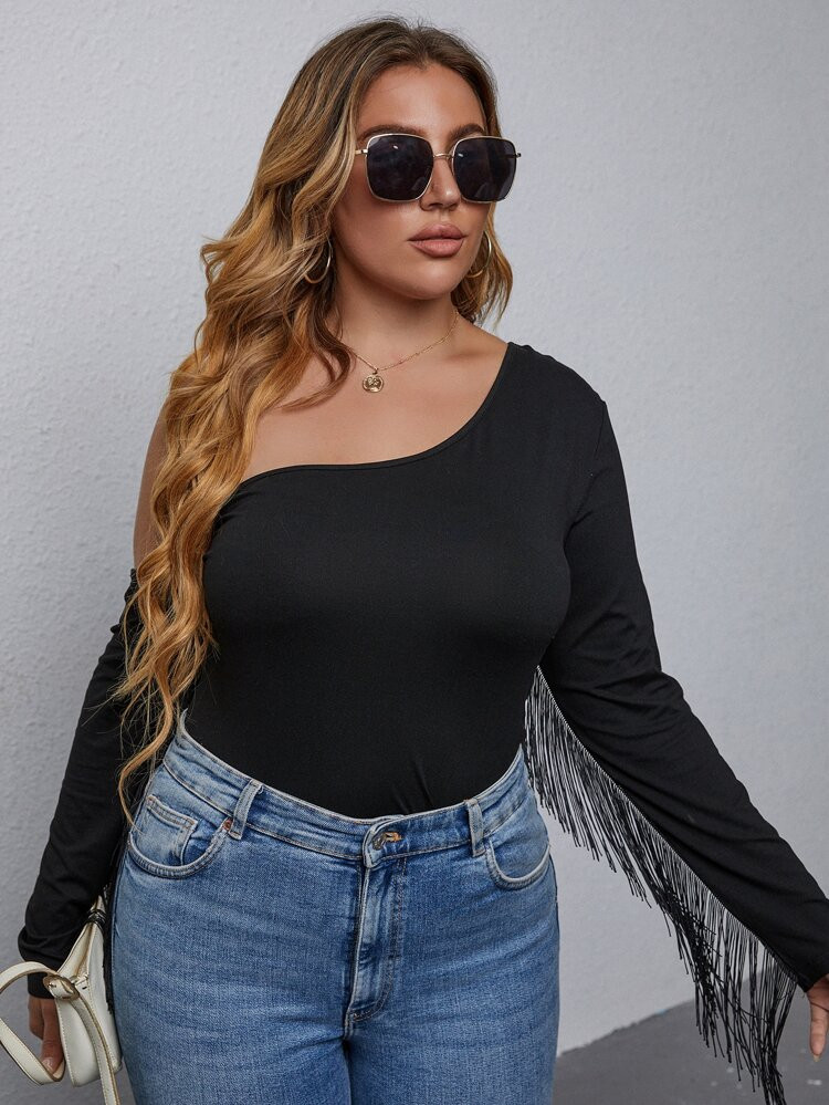 Plus Asymmetrical Neck Fringe Trim Bodysuit | SHEIN