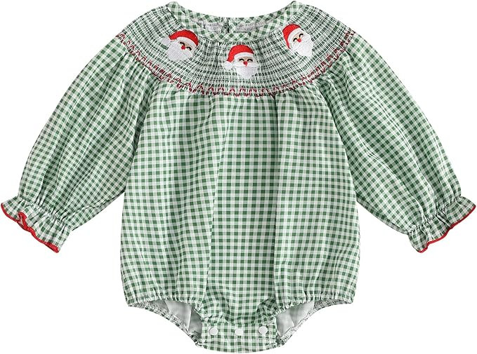 Honganda Newborn Baby Girl Christmas Outfit Plaid Smocked Bubble Romper Santa Claus Gingerbread M... | Amazon (US)