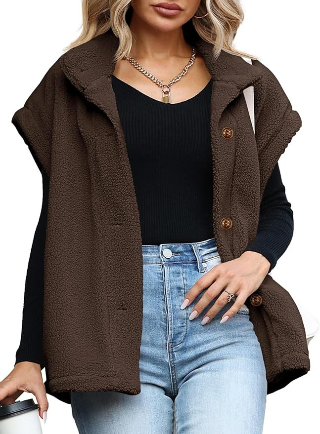 Tanakneo Womens Oversized Fleece Vest Sleeveless Fuzzy Sherpa Jacket Trendy Casual Button Down Wa... | Amazon (US)