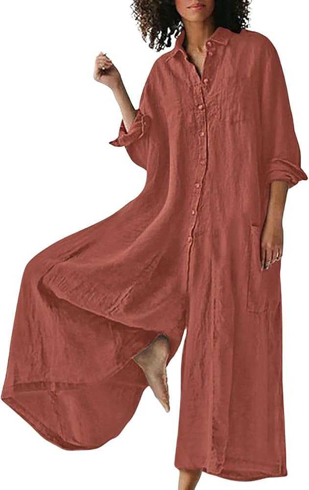 CHARTOU Women Linen Button Down Long Sleeve Wide Leg Jumpsuit Beach Palazzo Pants One Piece Jumps... | Amazon (US)