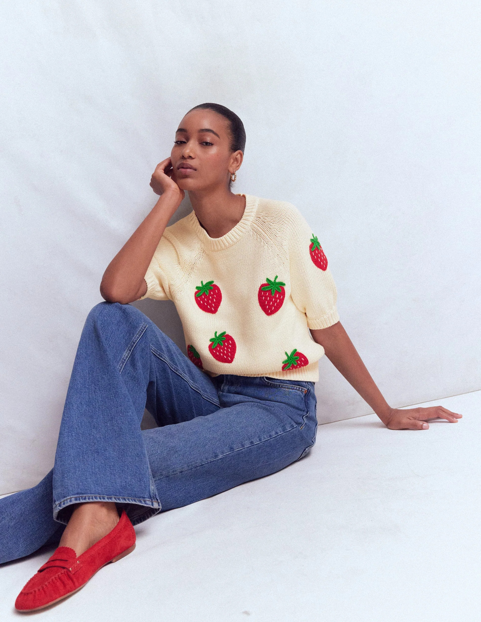 Margot Puff Sleeve T-Shirt-Warm Ivory Strawberry | Boden UK