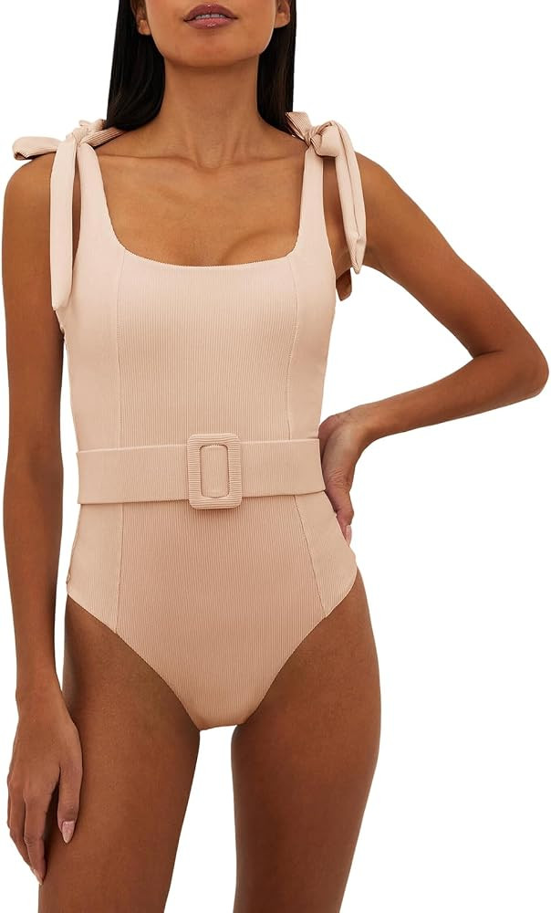 Saodimallsu Womens Sexy One Piece Bathing Suit High Cut Knit Square Neck Tied Strappy Swimsuit wi... | Amazon (US)