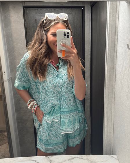 In a small 2 piece set with button down top and shorts, necklace, bracelets, sunglasses and accessories for spring outfit - all fits TTS.

#LTKstyletip #LTKSeasonal #LTKfindsunder50