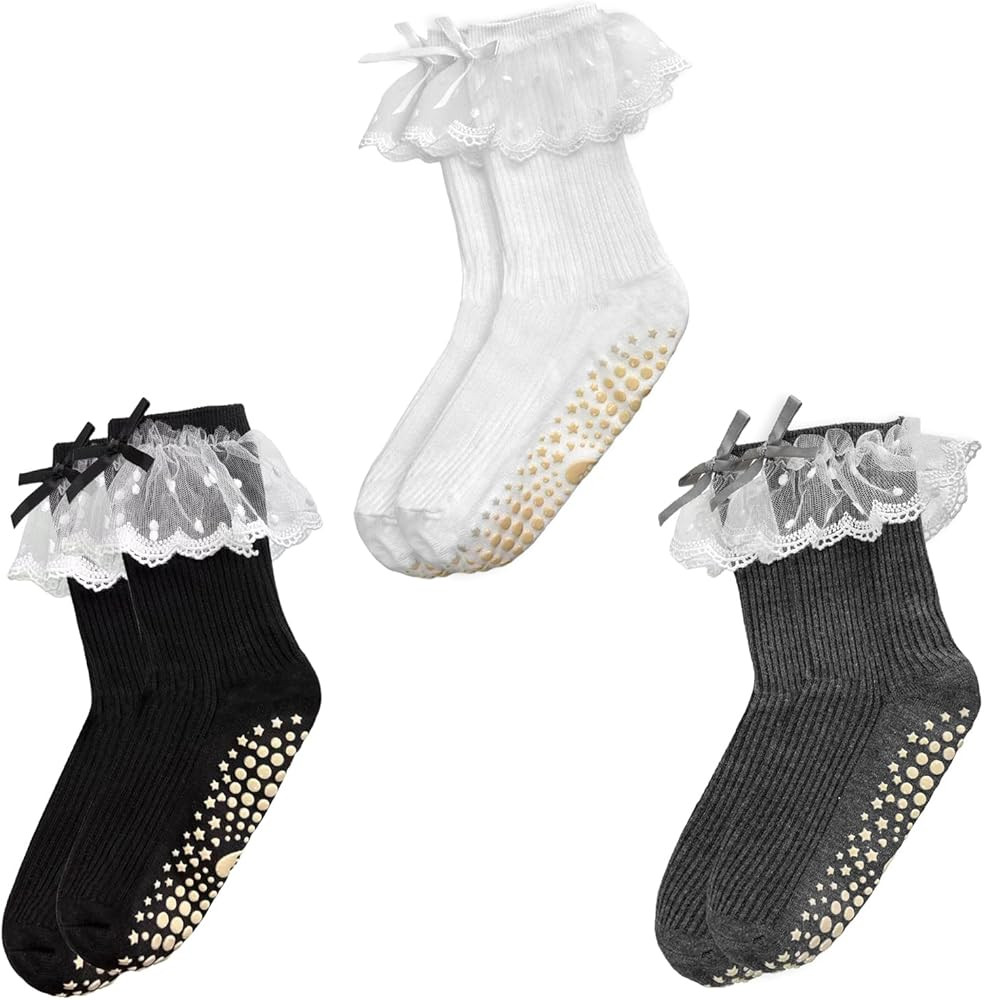 3 Pairs Pilates Grip Socks for Women, Cute Lace Ruffle Yoga Socks Non Slip Barre Frilly Crew Sock... | Amazon (US)