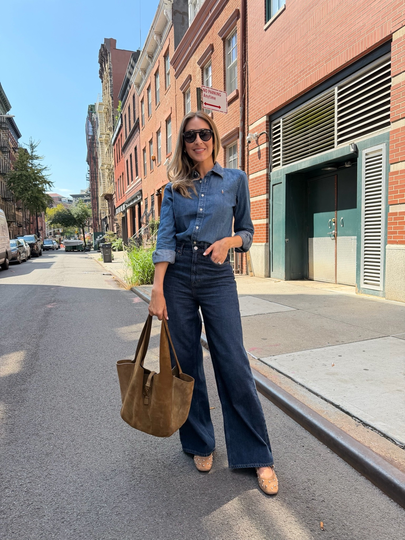 Denim on denim outfit that’s perfect for fall. Suede bag, suede flats, wide leg jeans. Everything runs true to size, I’m wearing size small and 27 on pants

#LTKU #LTKSeasonal #LTKootd