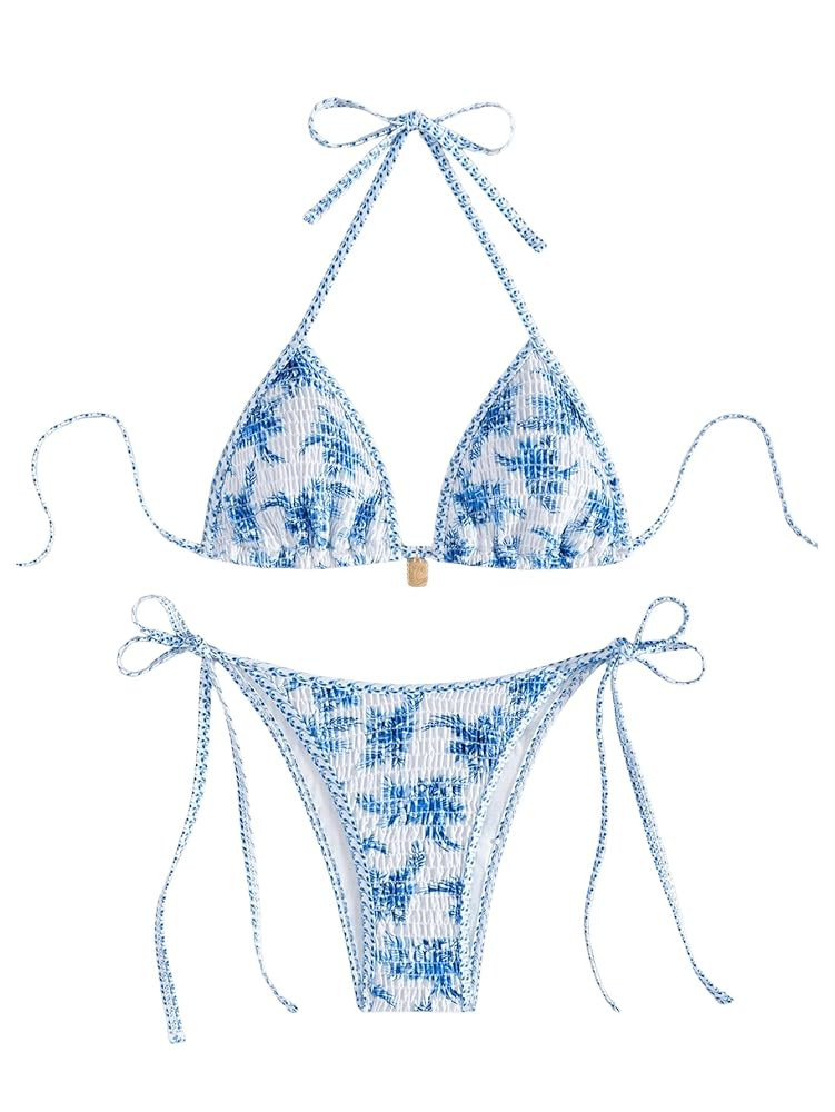 WDIRARA Women's 2 Piece Floral Smocked Bikini Set Boho Halter String Triangle Swimsuits Beach Bat... | Amazon (US)