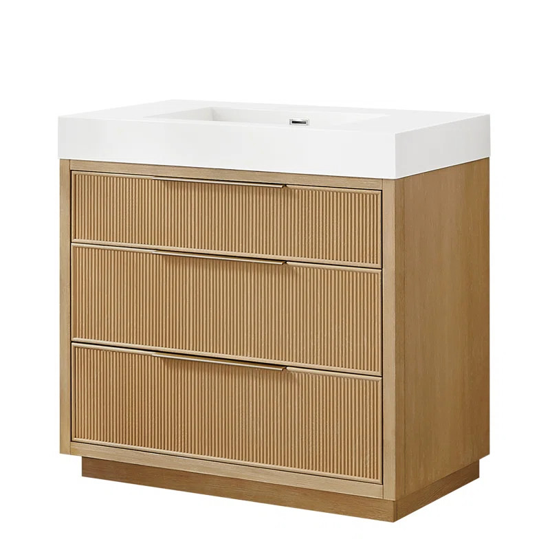 Grunwald 36" Single Bath Vanity in Washed Ash Grey with White Integrated Stone Sink Top | Wayfair North America