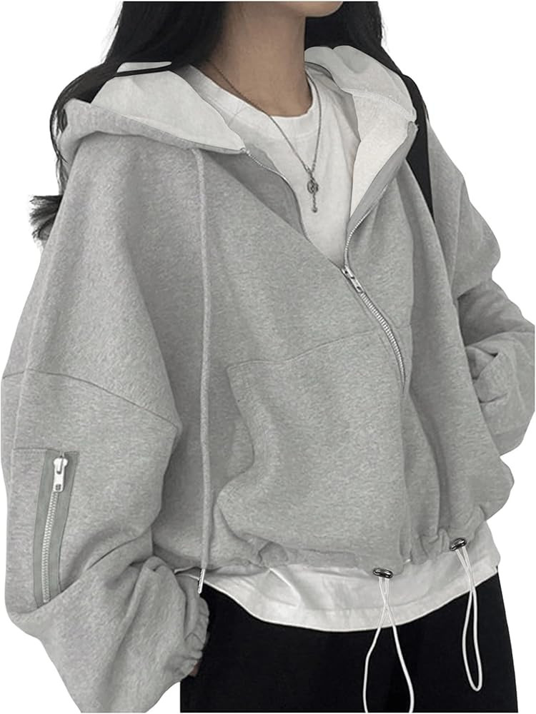 Women's Zip Up Drawstring Hoodie Long Sleeve Drop Shoulder Loose Sweatshirt Outerwear | Amazon (US)