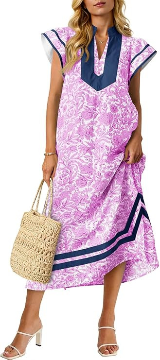 Wenrine Womens Summer Floral Maxi Dress Casual Short Cap Sleeve V Neck Color Block Side Slit Loos... | Amazon (US)