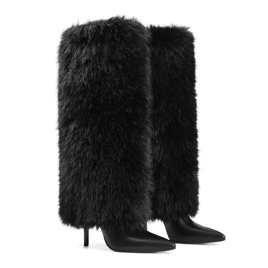 Womens Knee High Fur Boots Pointed Toe Fuzzy High Heel Dressy Fold Over Tall Boot for Women | Amazon (US)