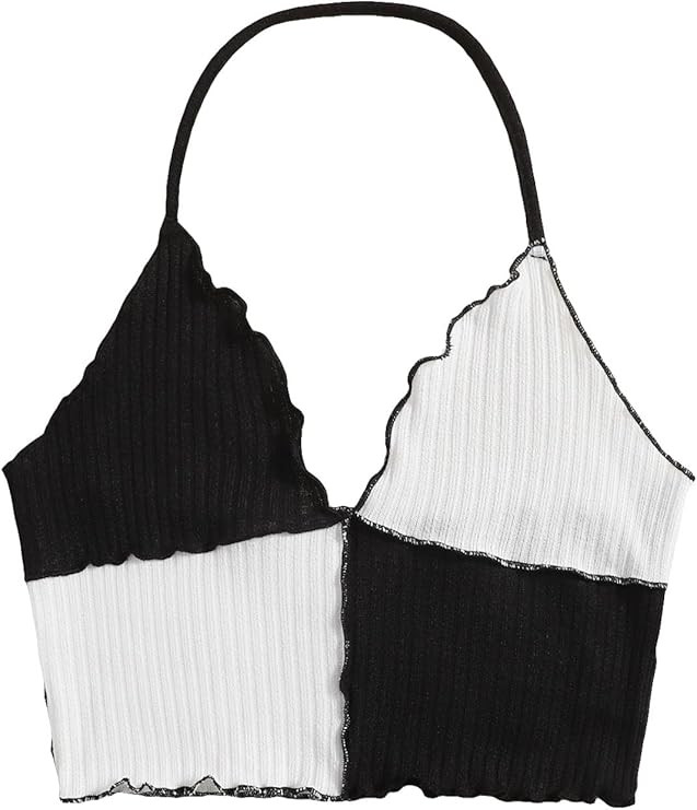 Verdusa Women's Colorblock Frill Trim Halter V Neck Sleeveless Crop Cami Top | Amazon (US)