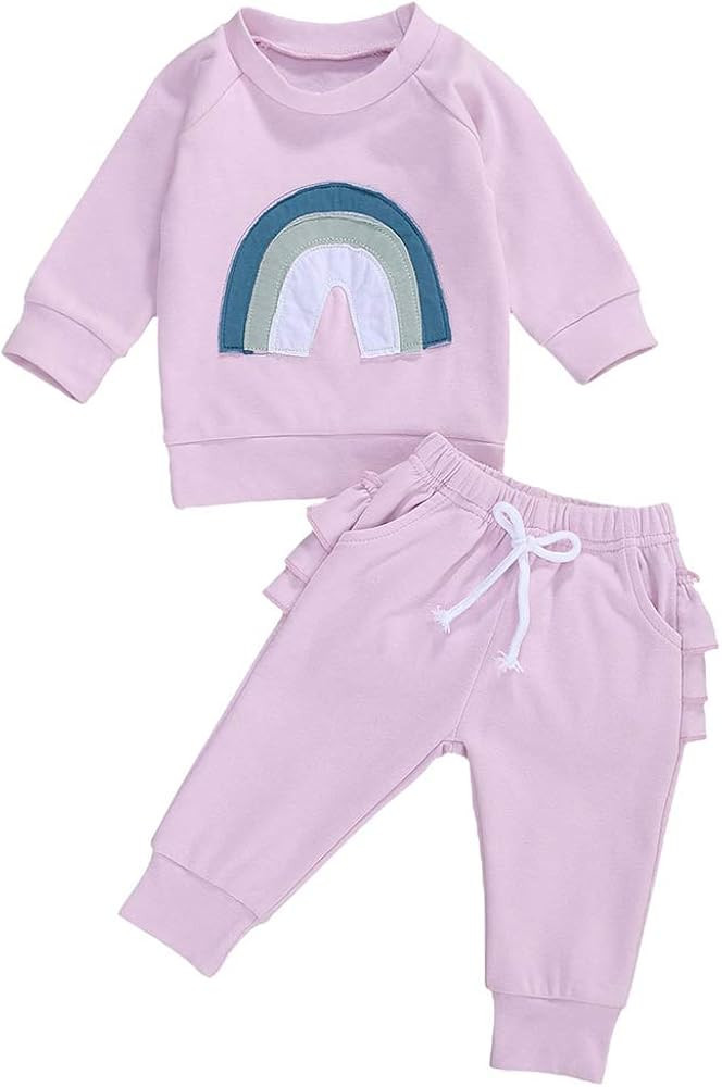 2Pcs Unisex Newborn Baby Girls Boys Cotton Rainbow Pant Sets Long Sleeve Round Tops Drawstring Tu... | Amazon (US)