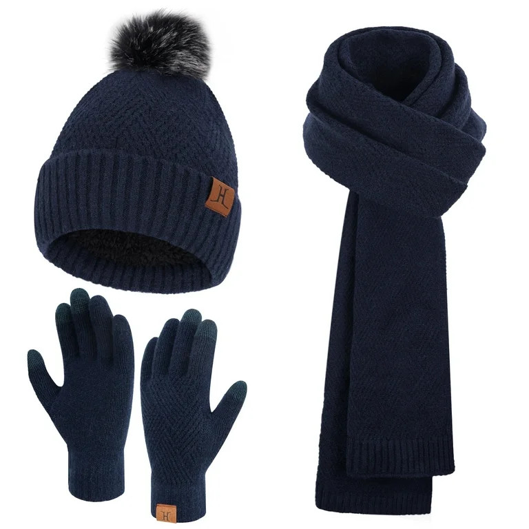 FZ FANTASTIC ZONE Womens Winter Beanie Hats Long Scarf Neck Touchscreen Gloves Set Knitted Pompom... | Walmart (US)