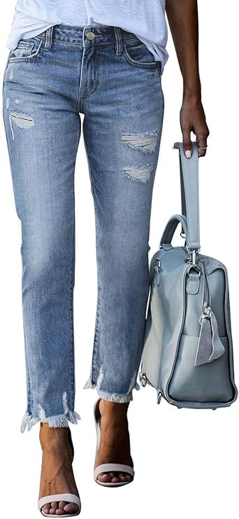 EVALESS Womens Jeans High Waisted Stretchy Ripped Distressed Tummy Control Straight Ankle Jean fo... | Amazon (US)