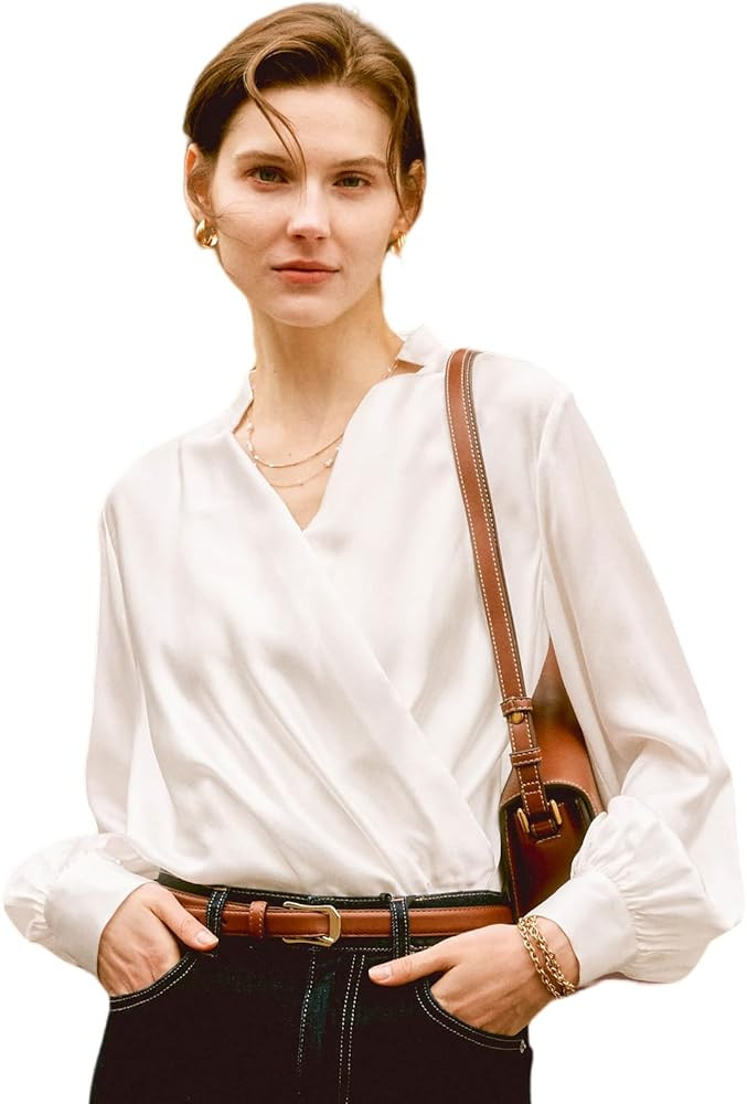 Silk Blouses for Women Long Sleeve Elegant Button Down Shirts Ruched V-Neck Fashion Blouse Ladies... | Amazon (US)
