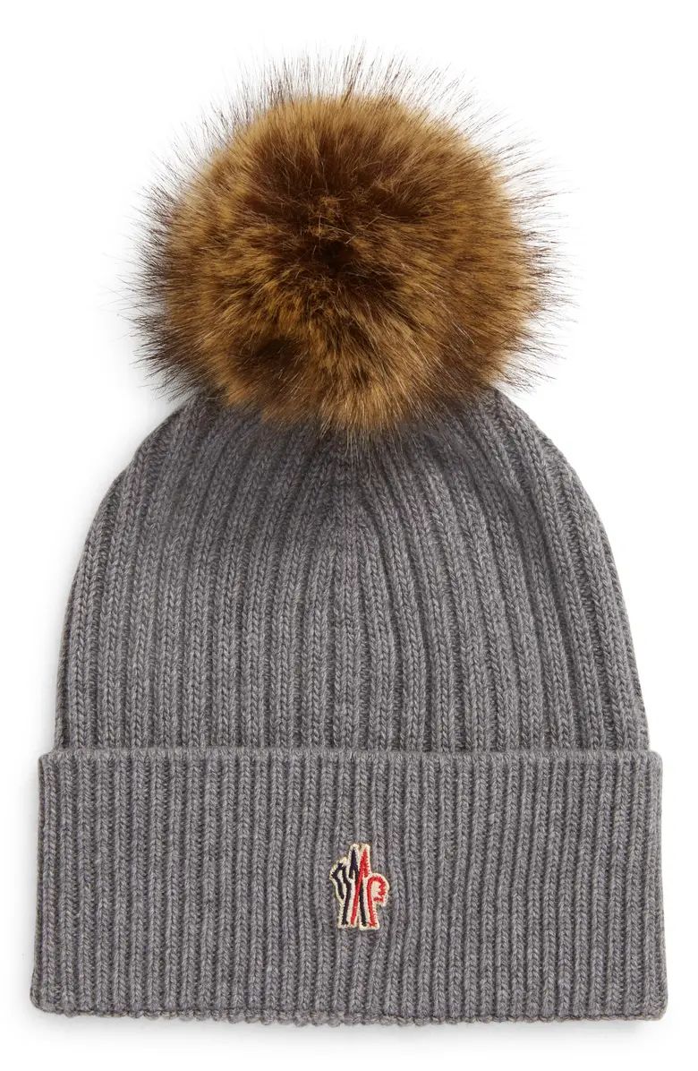 Moncler Rib Cashmere Blend Beanie with Faux Fur Pompom | Nordstrom | Nordstrom