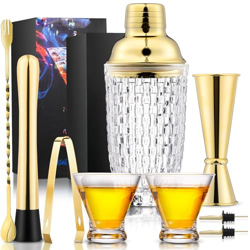 Pickmesh 9 Pcs Cocktail Shaker Set 13 oz Glass Cocktail Shaker with Built-in Strainer, 2 Martini Glasses, Shakers Bartending Drink Mixer Set Drink Mixer Gifts for Dad, Boyfriend, Husband (Gold) | Amazon (US)
