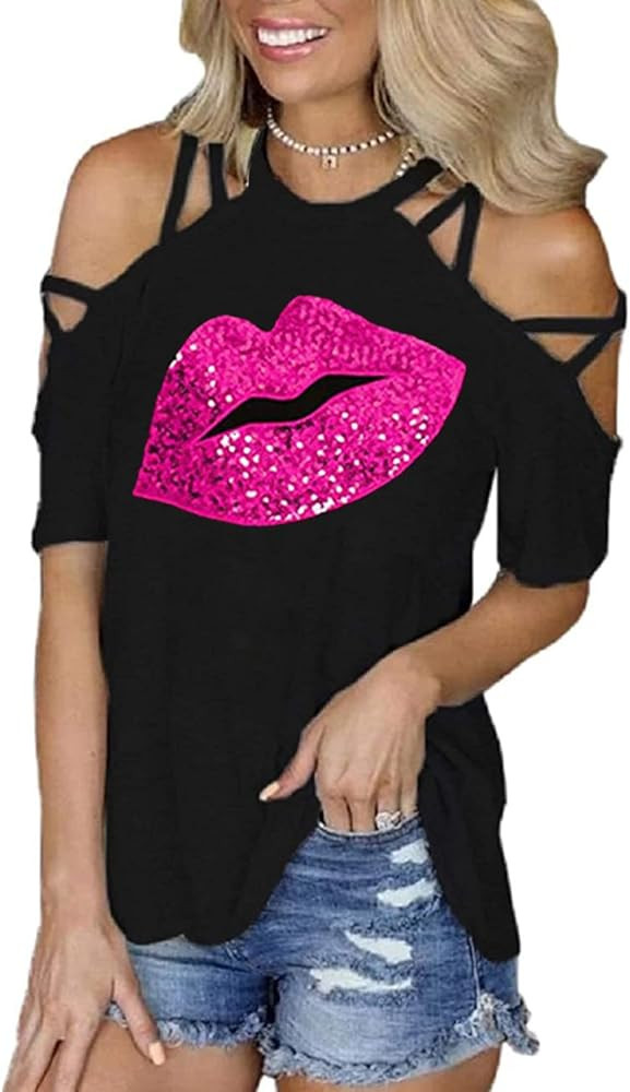 PESION Womens Black Short Sleeve Off Cold Shoulder Sequined Lips Shirts Tops Blouses, Black+ Pink... | Amazon (US)