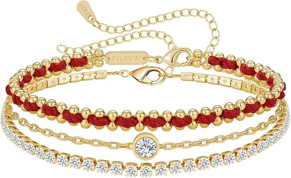 14K Gold Plated Bracelets for Women 2 Pcs Set - Red String & Cubic Zirconia Tennis Bracelet, Laye... | Amazon (US)