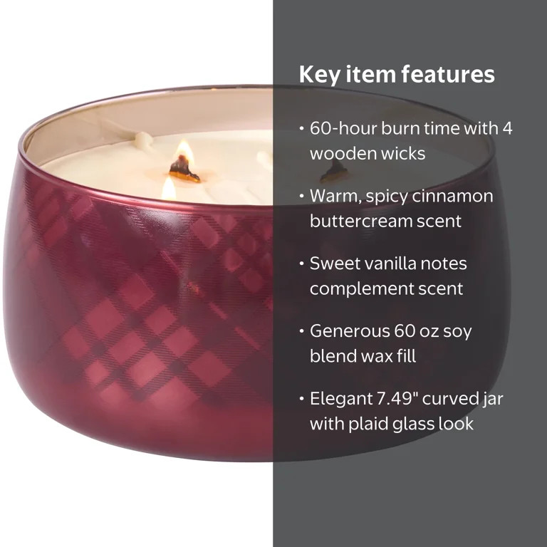 Better Homes & Gardens 4-Wick 60 oz Plaid Glass Jar Candle, Cinnamon Buttercream | Walmart (US)