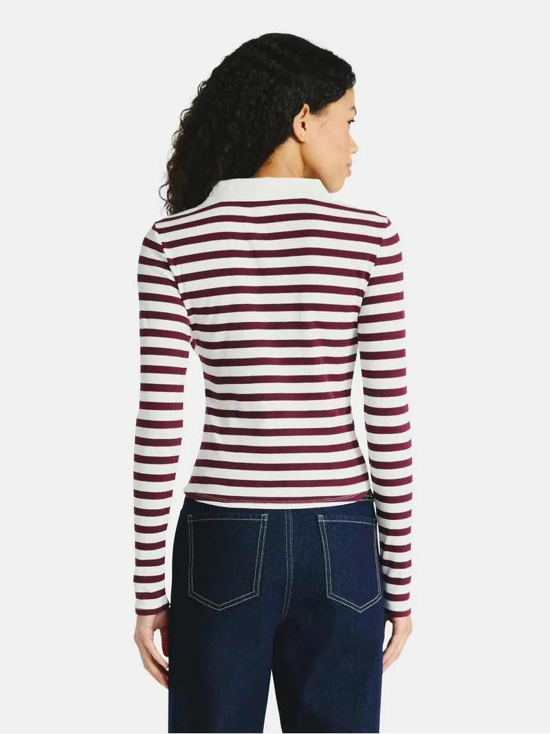 No Boundaries Johnny Collar Tee with Long Sleeves, Women's | Walmart (US)