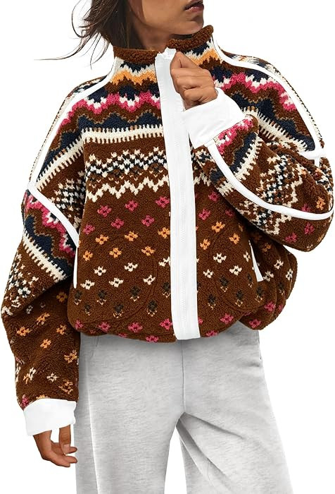 Zip up Fleece Jacket Women Long Sleeve Sherpa Sweatshirt | Amazon (US)