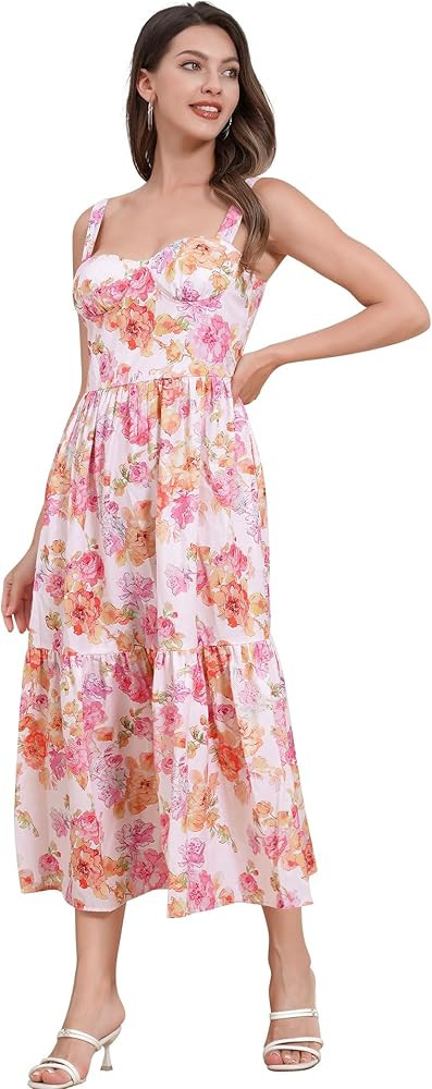 Women's Floral Corset Dress Spaghetti Strap Bustier Midi Dress Low Cut Flowy Pleated Hem Summer D... | Amazon (US)