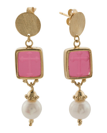 Made In Italy 18kt Gold Plated Venetian Glass Cross Intaglio Earrings | TJ Maxx