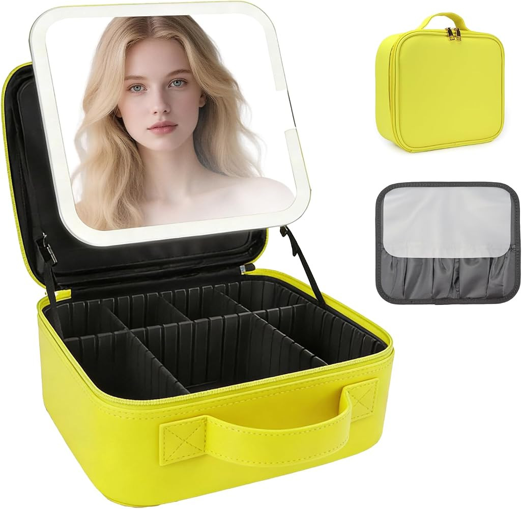 Travel Makeup Bag with LED Mirror Travel Makeup Organizer with 3 Lighted Settings, Adjustable Div... | Amazon (US)