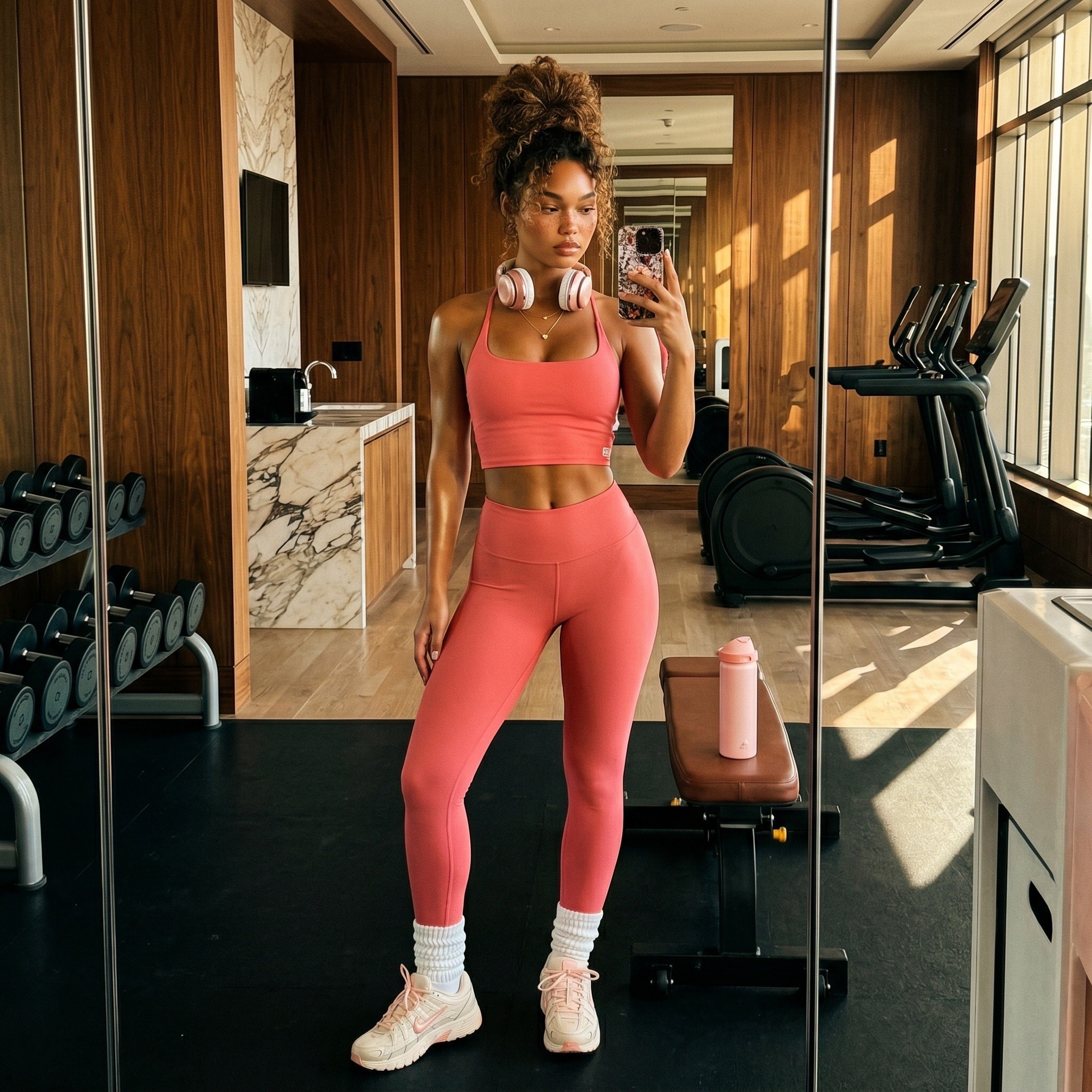🩷 Coral monochromatic gym fit and I actually wanted to be there 😌🏋🏽‍♀️ Size small in the sports bra and high waist leggings — this look works just as well for pilates, a morning run or a casual errand day when comfort meets cute. The pink Beats, chunky socks, pink Nikes and Hydro Flask are all linked too! Everything is in my LTK! #LTKfitness #LTKstyletip #LTKfindsunder100

#LTKActive #LTKfitnessgoals #LTKdayinmylife