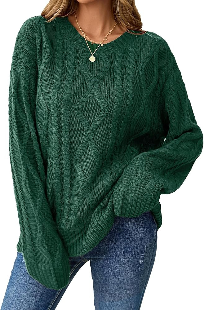 Womens Cute Sweater Winter 2025 Trendy Outfits Crew Neck Long Sleeve Oversized Cable Knit Sweater... | Amazon (US)