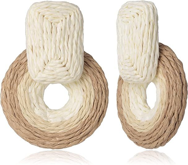 Raffia Round Earrings Statement Boho Wicker earring Drop Dangle Earrings Handmade Rattan Straw Fa... | Amazon (US)