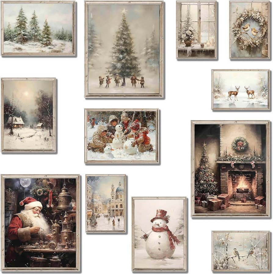 LANCHI95 12 Pcs Vintage Christmas Wall Art Prints, Christmas Wall Decor, Reindeer, Pine Tree，Sa... | Amazon (US)