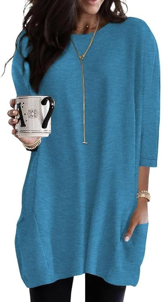 Poetsky Womens 3/4 Sleeve Tunics or Tops to Wear with Leggings Long Shirts Blouses with Pockets S... | Amazon (US)