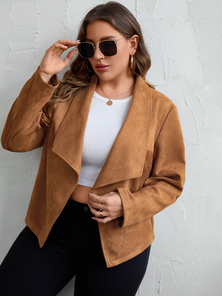 Plus Waterfall Collar Faux Suede Jacket | SHEIN