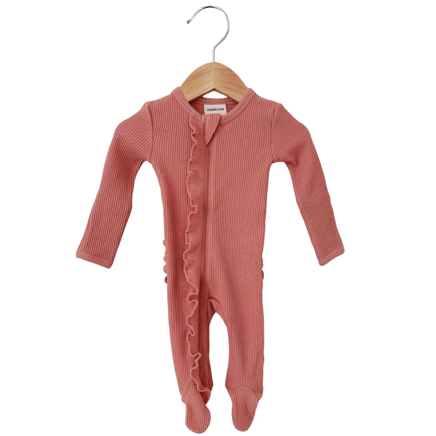 Organic Waffle Ruffle Zip Footie, Dusty Rose | SpearmintLOVE