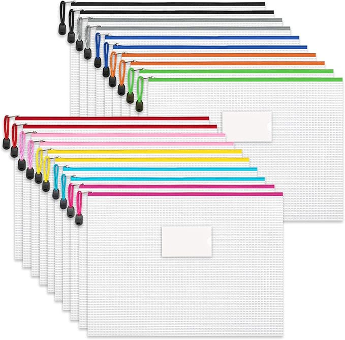 Sooez Mesh Zipper Pouch, 20 Pack Plastic Zip File Document Folders with Label Pocket, Letter Size... | Amazon (US)