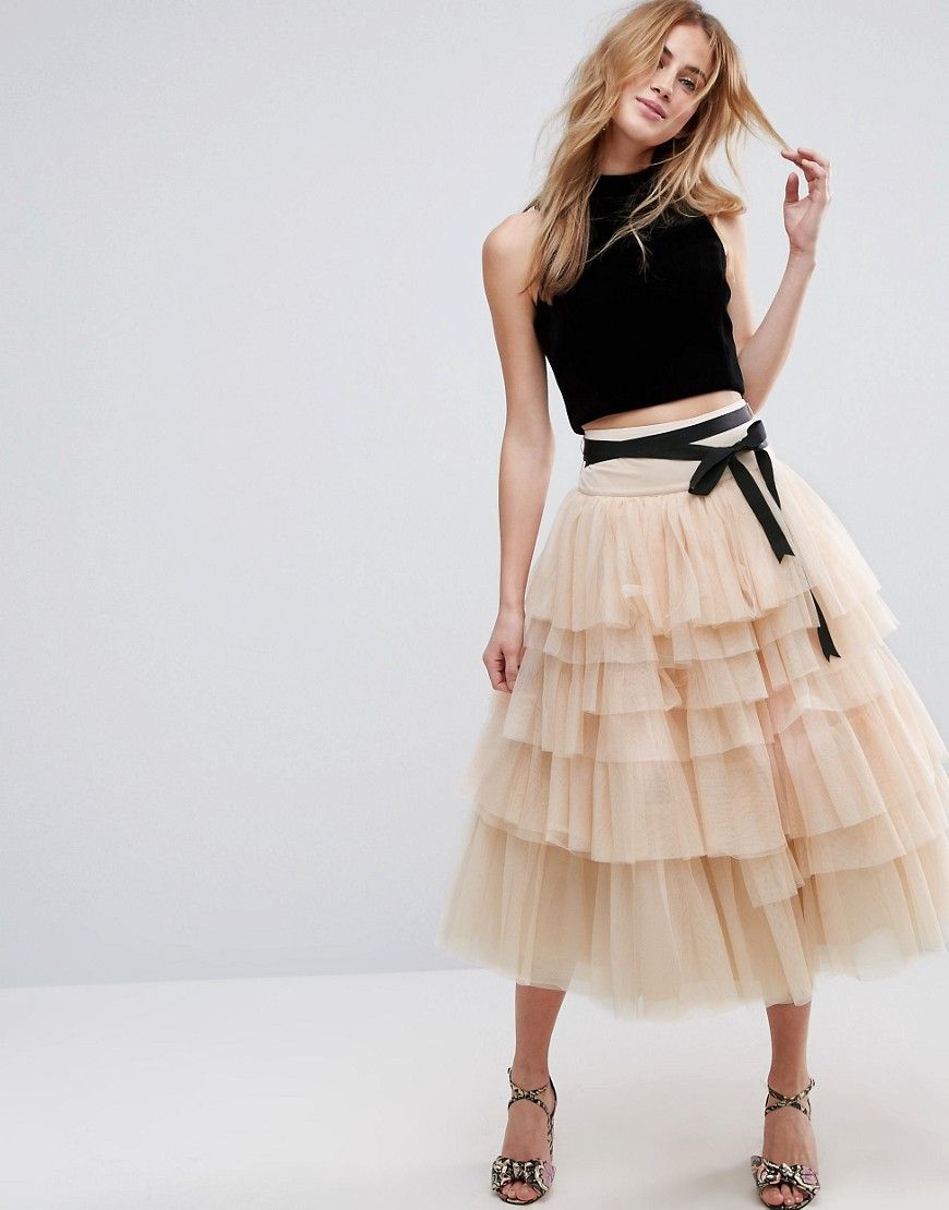 ASOS Tulle Midi Skirt with Tiers and Tie Waist Detail - Pink | ASOS US