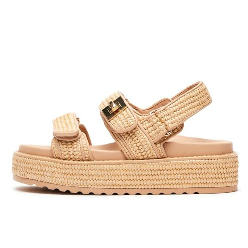 DOEYG Raffia Platform Wedge Sandals for Women Woven Slingback Platform Sandals Comfortable Open Toe Summer Straw Beach Sandals Espadrille Flatform Slide Sandals Nude Size 5.5 | Amazon (US)