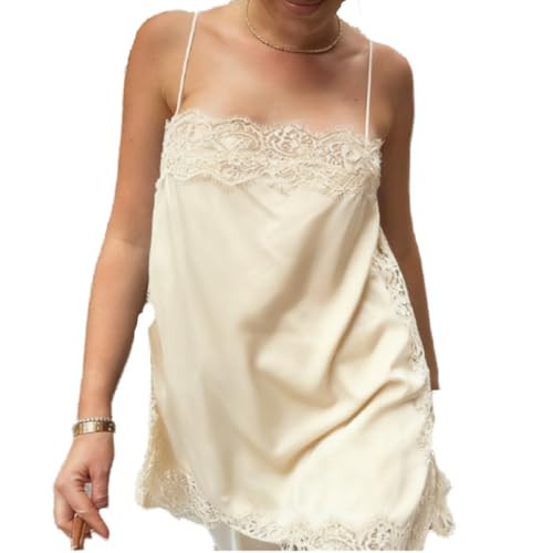Women Y2K Lace Trim Satin Cami Top Silk Spaghetti Strap Sleeveless Camisole Lace Patchwork Loose Going Out Tank Top (Champagne, M) | Amazon (US)