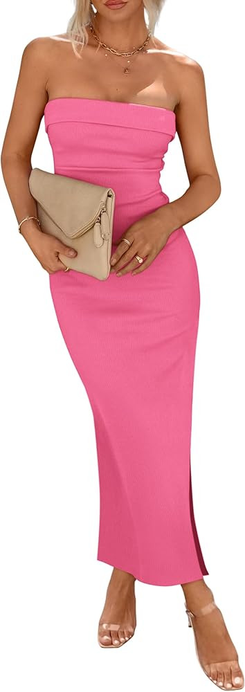 PRETTYGARDEN Women's Summer Bodycon Maxi Tube Dress Ribbed Strapless Side Slit Long Going Out Cas... | Amazon (US)